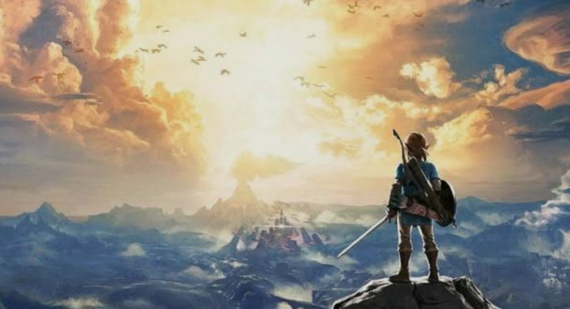 Heroic lone warrior with sword and shield on a cliff overlooking a glowing fantasy landscape.