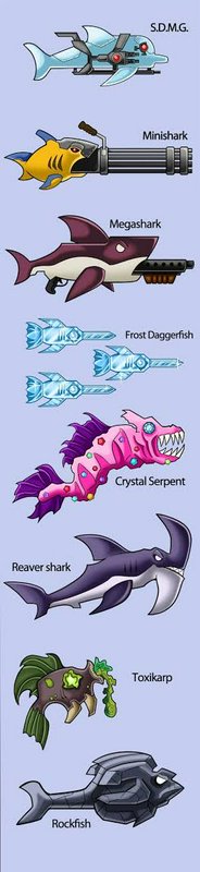 Vertical lineup of sci-fi themed aquatic sharks and weapons, including Minishark, Megashark, Fros...