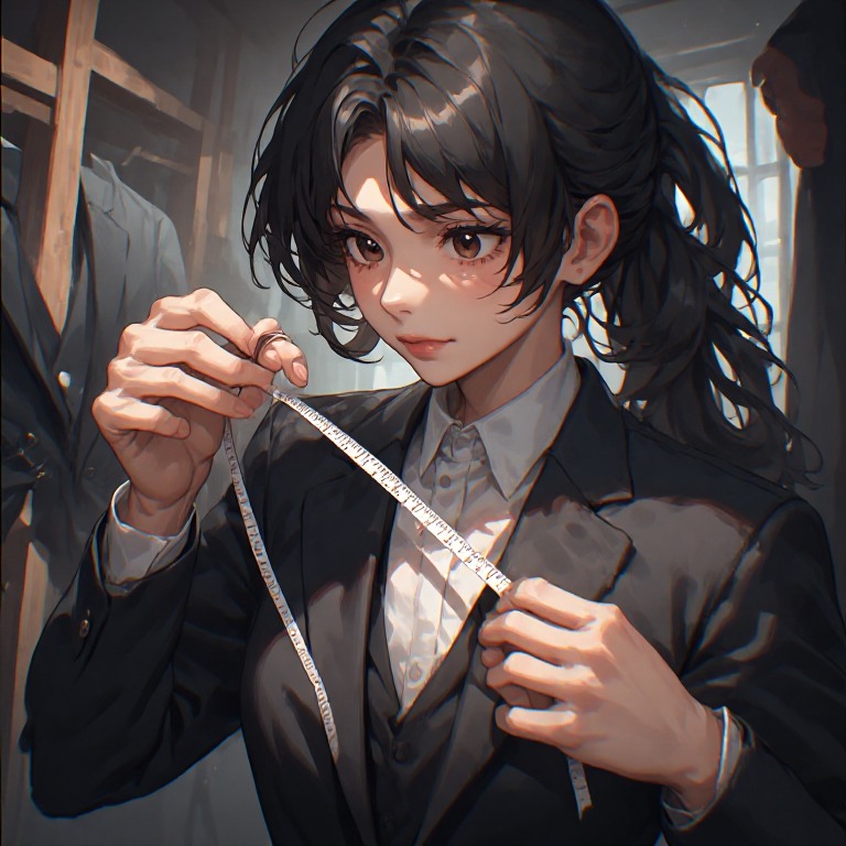 Anime-style woman in a suit measuring a tape in a tailor shop.
