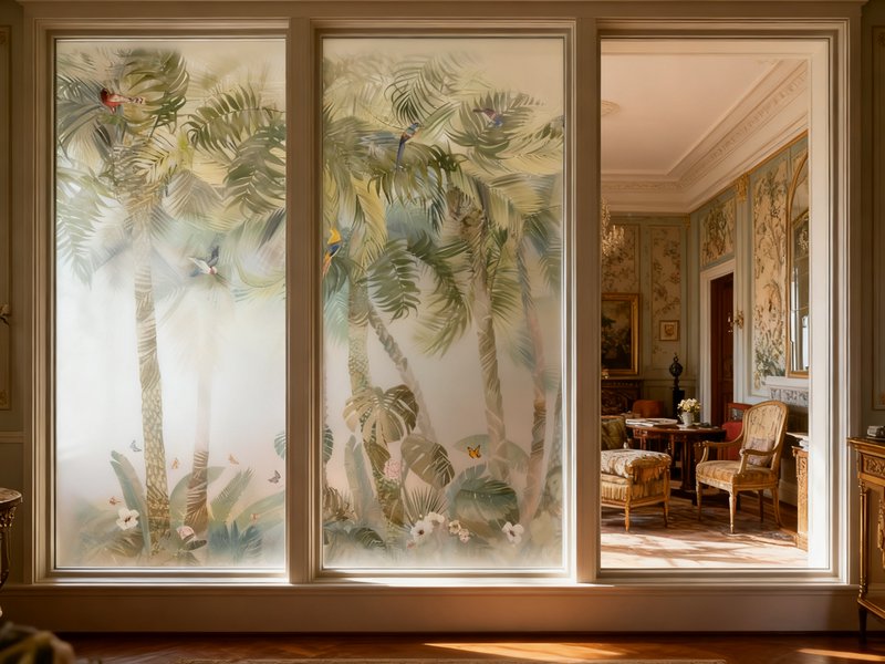 Frosted glass wall mural featuring tropical palm trees and birds, with an ornate living room visi...
