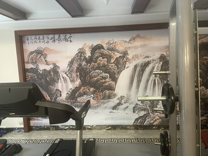 Gym treadmill set against a large wall mural of mountains and cascading waterfalls.