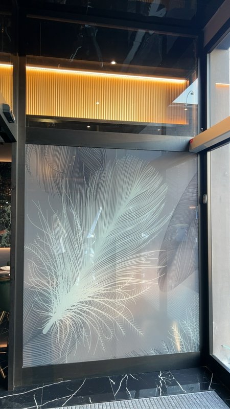 Frosted glass panel with a large white feather pattern inside a modern storefront.