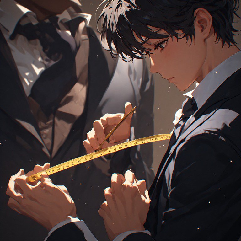 Anime-style young man in a suit measures with a tape, shadowy colleague in the background.