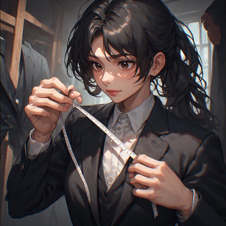 Anime-style woman in a suit measuring a tape in a tailor shop.