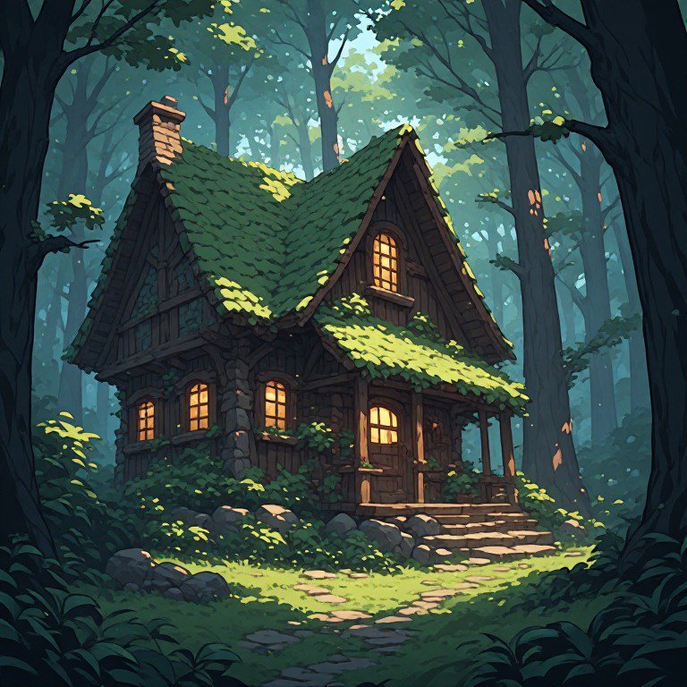 Cozy moss-covered cottage in a dense forest with warm glowing windows.