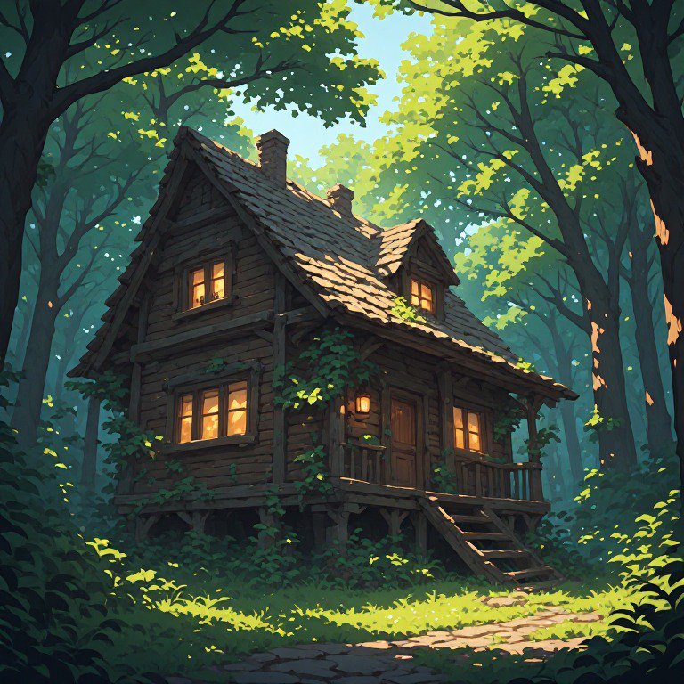 Cozy wooden cabin in a lush forest with warm glowing windows and shaded path.
