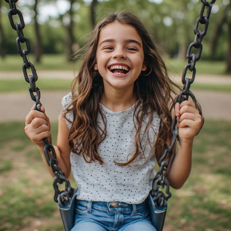 Smiling girl on a swing in a park