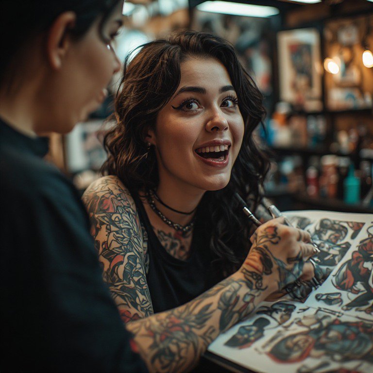 Tattooed woman smiling while drawing bold designs in a tattoo studio sketchbook.