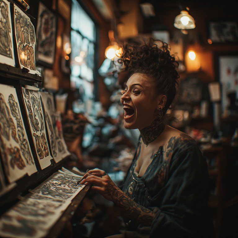 Tattooed woman laughing while browsing vintage prints in a dimly lit shop.