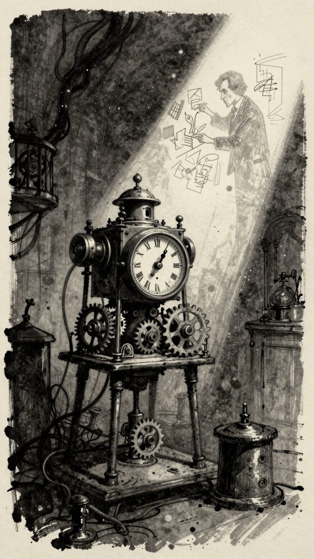 Vintage steampunk clockwork machine with gears in a workshop, a man drafting notes under a beam of light.