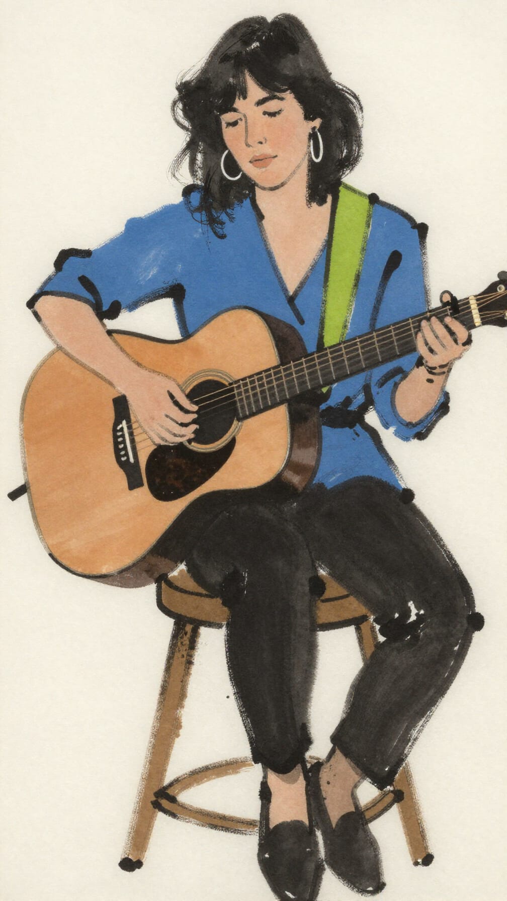 Woman seated on a stool, playing an acoustic guitar with a blue blouse and green guitar strap.