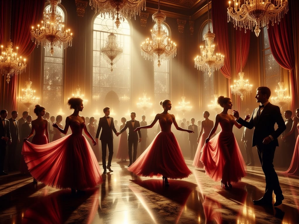 Elegant ballroom dance scene with couples in red gowns and tuxedos under chandeliers.