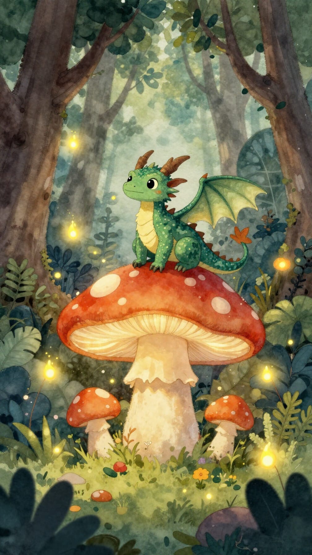 Cute tiny green baby dragon perched on a large red spotted fly agaric mushroom in an enchanted misty forest with glowing f...