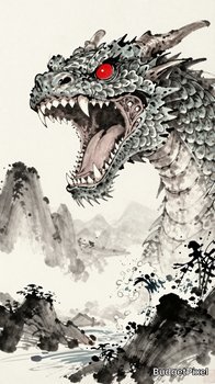 Dragon with red eye in black-and-gray ink landscape, snarling with sharp teeth and jagged scales.
