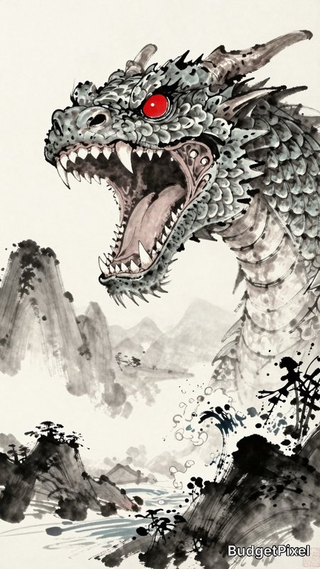 The head of a roaring dragon with a red eye and detailed scales in an ink wash style.
