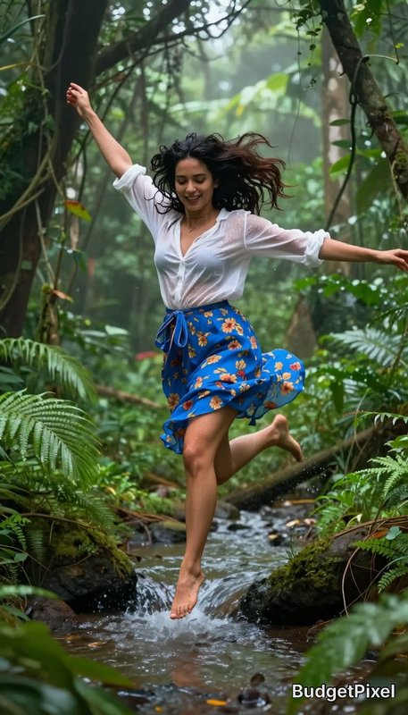 Woman jumping joyfully in a lush jungle stream wearing a white blouse and blue floral skirt.