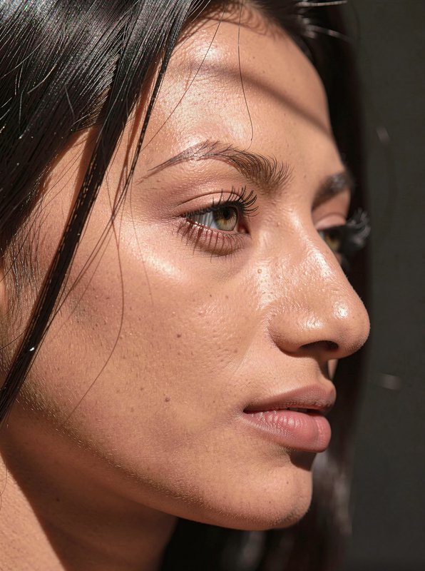 Close-up side profile of a woman with dewy skin and dark hair in natural light
