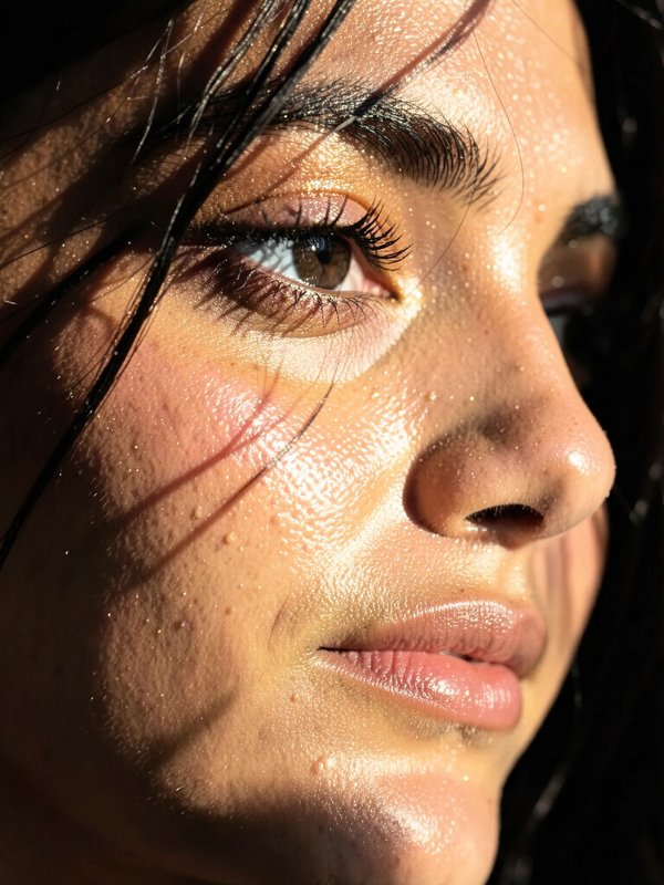 Close-up of a woman's dewy skin and brown eye in bright sunlight with wet hair strands.
