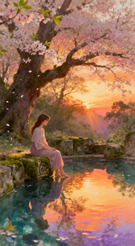 Woman in a pastel dress sits by a reflective pool under blooming cherry blossoms at sunset.