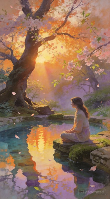 Woman sits by a reflective pond among blossoming trees at sunset in a dreamy impressionist landscape.