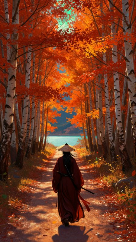 Person in a red cloak with a conical hat walking down an autumn forest path toward a lake.