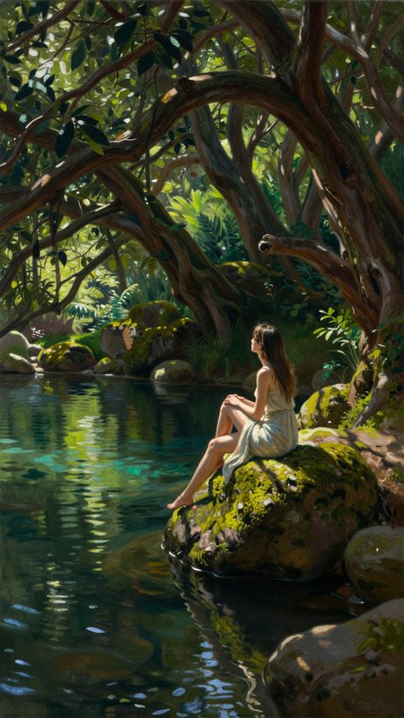 A woman in a white dress sits on mossy rocks beside a calm pond under twisting tree branches.
