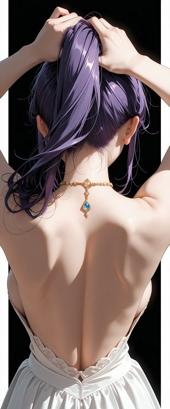 Back view of a woman with purple hair in a white backless gown and a gold pendant necklace.