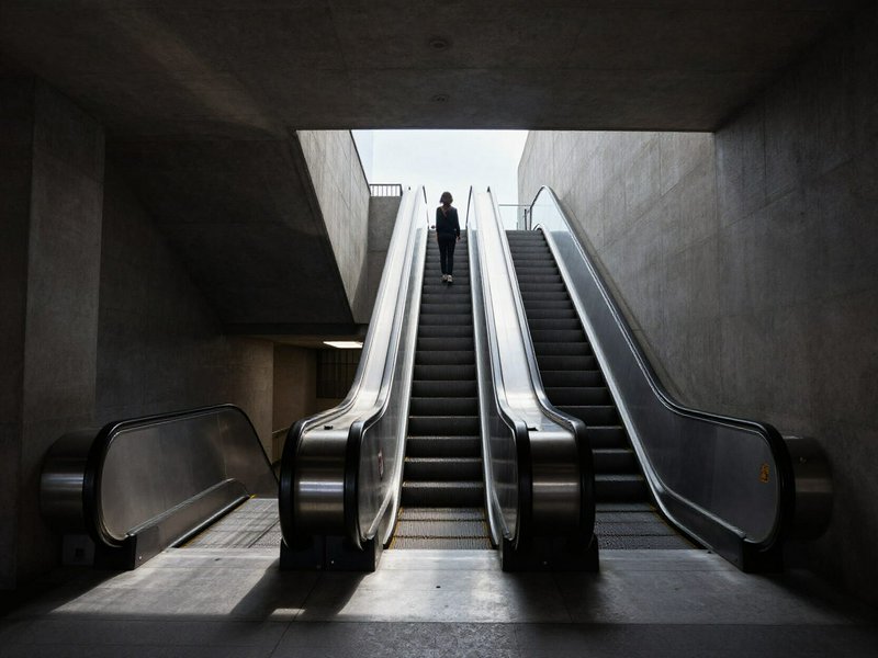Person ascending a pair of escalators in a dark concrete underpass with light at the top.