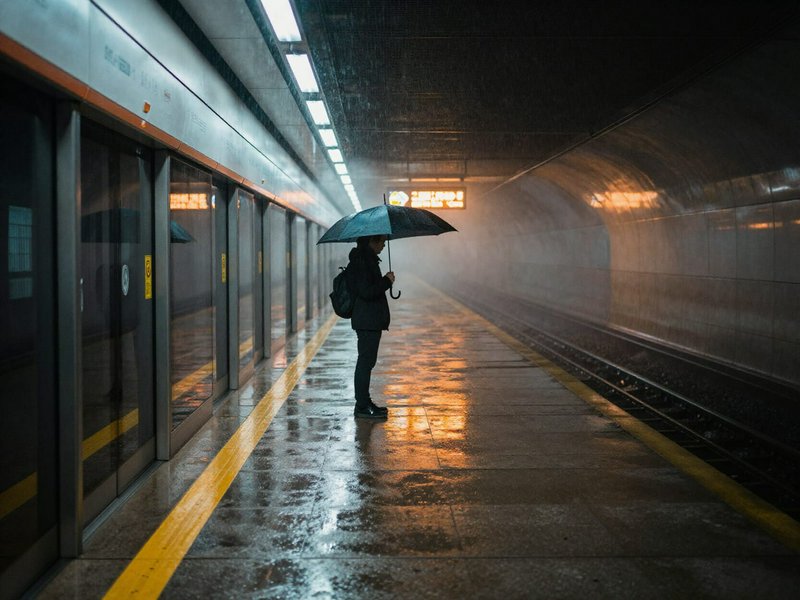 Person with umbrella standing on a rain-soaked subway platform at night.