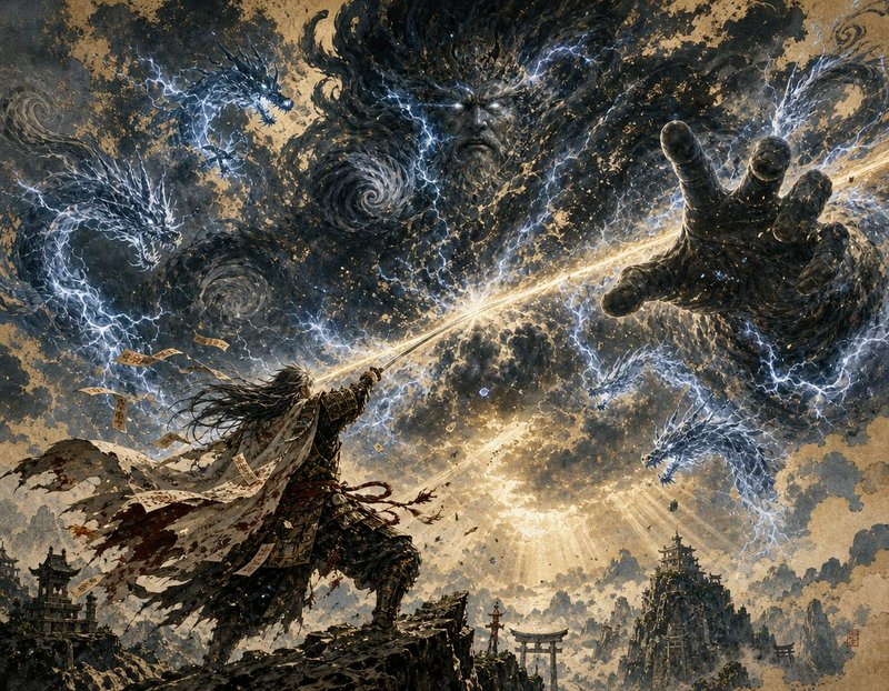 Warrior on a ruined cliff fires a luminous beam at a colossal dark hand amid stormy, mythical bat...