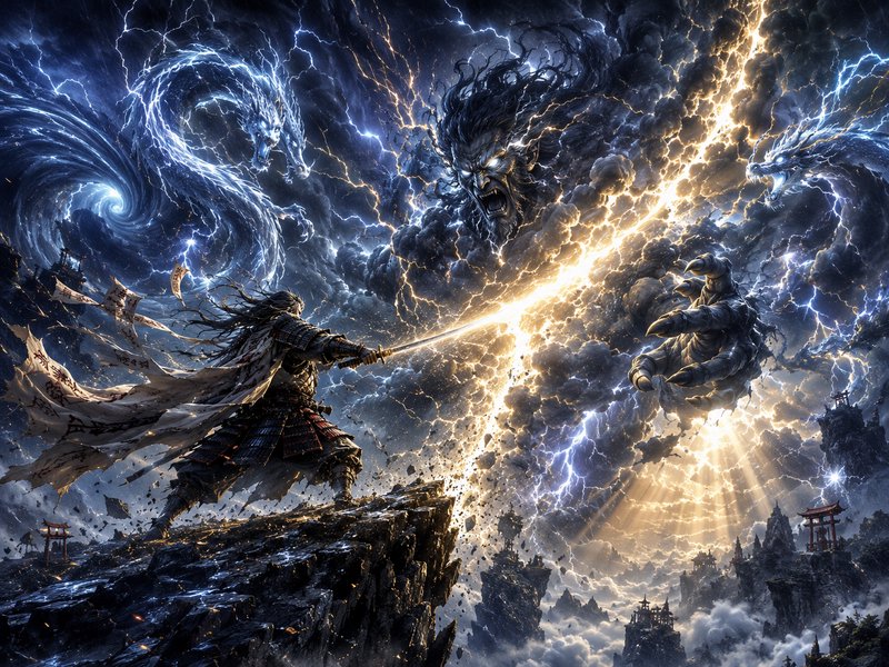 Epic fantasy duel on a cliff as lightning-lit storms swirl around two armored warriors clashing w...