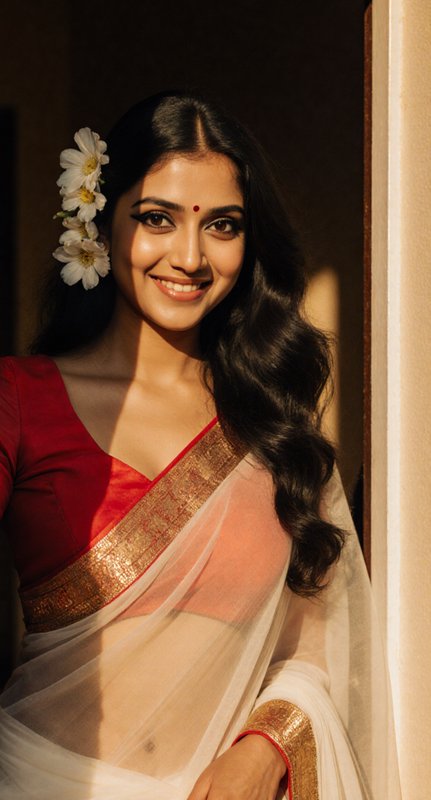 Smiling Indian woman in a red blouse and white gold-bordered saree with a flower in her hair.
