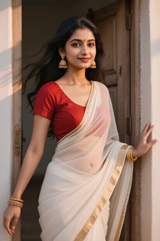 Young woman in cream saree with gold border and red blouse standing at a doorway.
