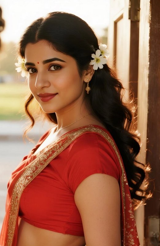 Woman in a red saree with floral hair accessories, posing outdoors in warm sunlight.