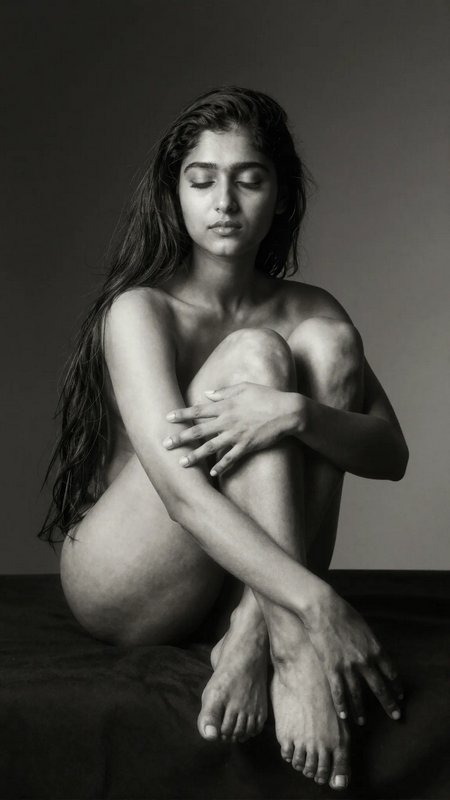 Artistic black-and-white portrait of a nude woman seated, hugging her knees with long hair cascad...