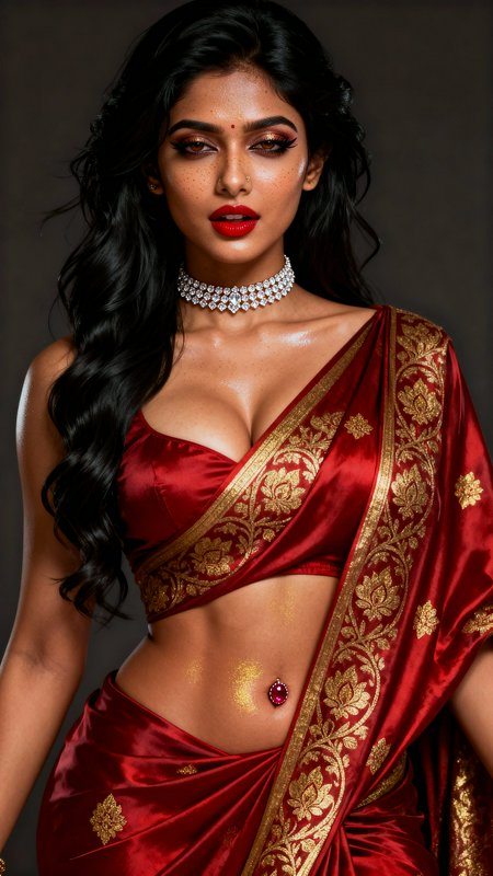 Woman in a red sari with gold embroidery, bold makeup, and a diamond choker.