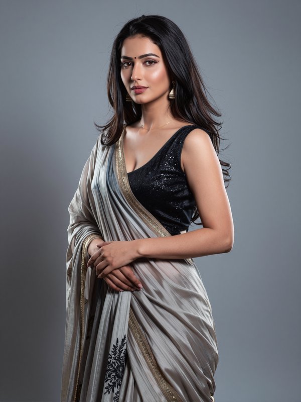 Woman in a silver-gray saree with a black sequin blouse, posing gracefully.