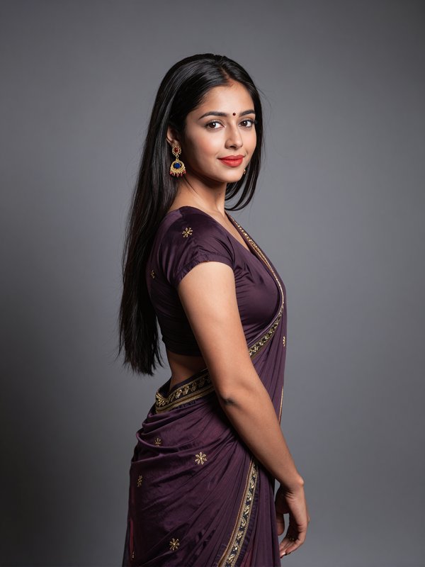 Portrait of a woman in a purple sari with gold embroidery, facing left in a studio.