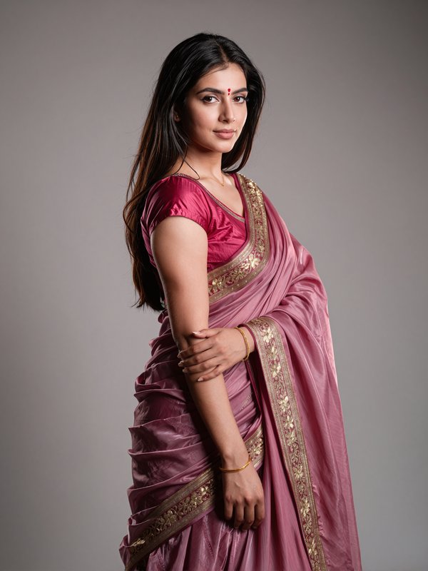 Woman in a pink silk saree with gold embroidery, standing gracefully.