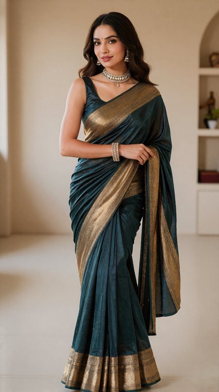 Woman in a teal saree with a gold border, posing indoors.
