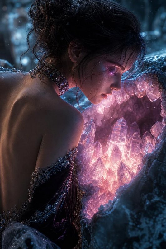 Woman in a jeweled gown beside glowing pink crystals in an icy cave, profile view.