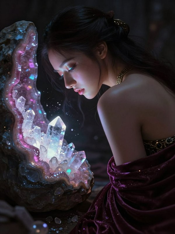 Soft-lit woman in a velvet wrap beside a glowing crystal cluster