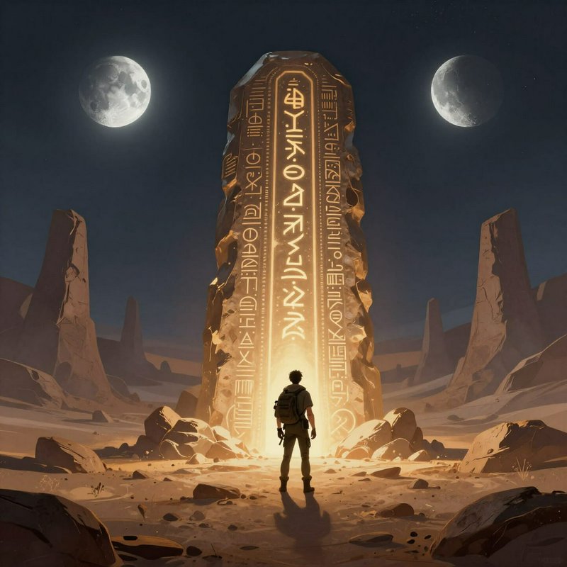 Lone backpacked explorer stands before a glowing rune-carved ancient monolith in a rocky desert u...
