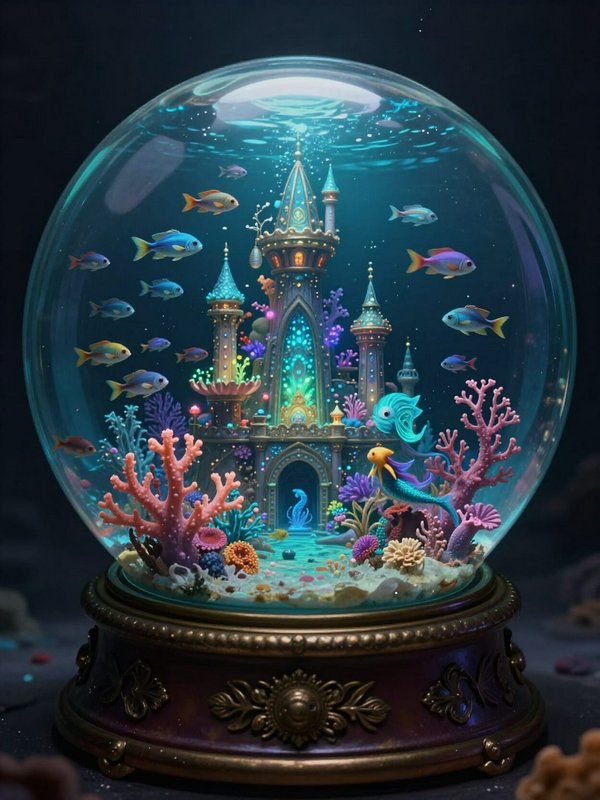 Ornate glass snow globe holding a glowing fantasy underwater castle, colorful tropical fish, and ...