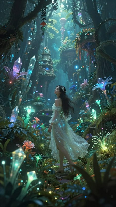 Ethereal fairy in a sheer glowing gown stands in a magical bioluminescent crystal fantasy forest