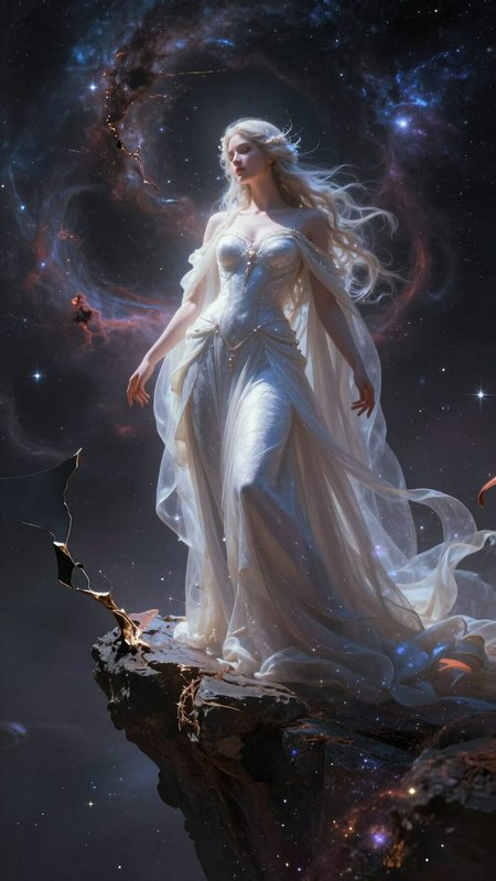 Ethereal platinum-haired celestial goddess in a flowing sheer white gown stands on floating rock ...