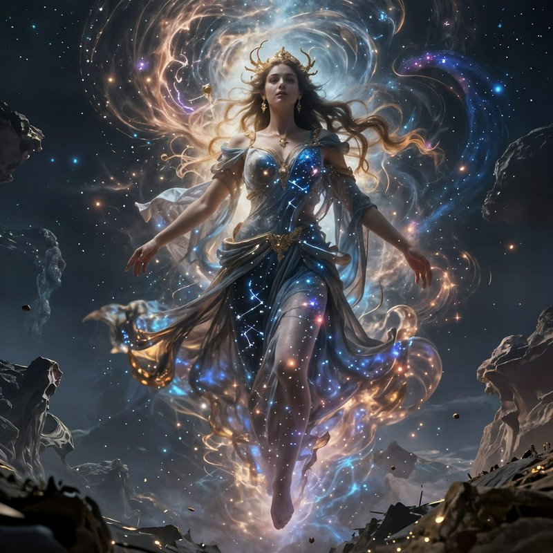 Majestic celestial goddess floating in space, wearing a glowing constellation gown, surrounded by...