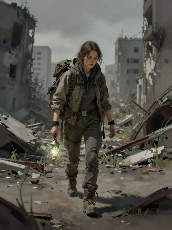 Female post-apocalyptic survivor walks through a ruined city, carrying a glowing lantern and heav...