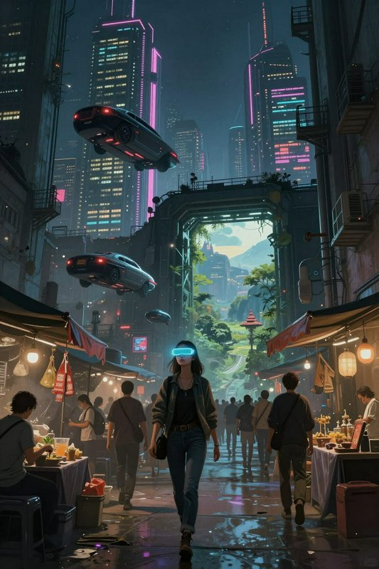 Cyberpunk night street market, woman with glowing AR glasses, flying hover cars, portal opening t...