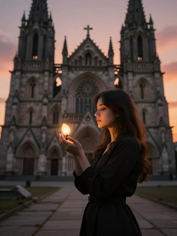 Young woman holding a glowing candle stands in front of an ornate Gothic cathedral during warm pa...